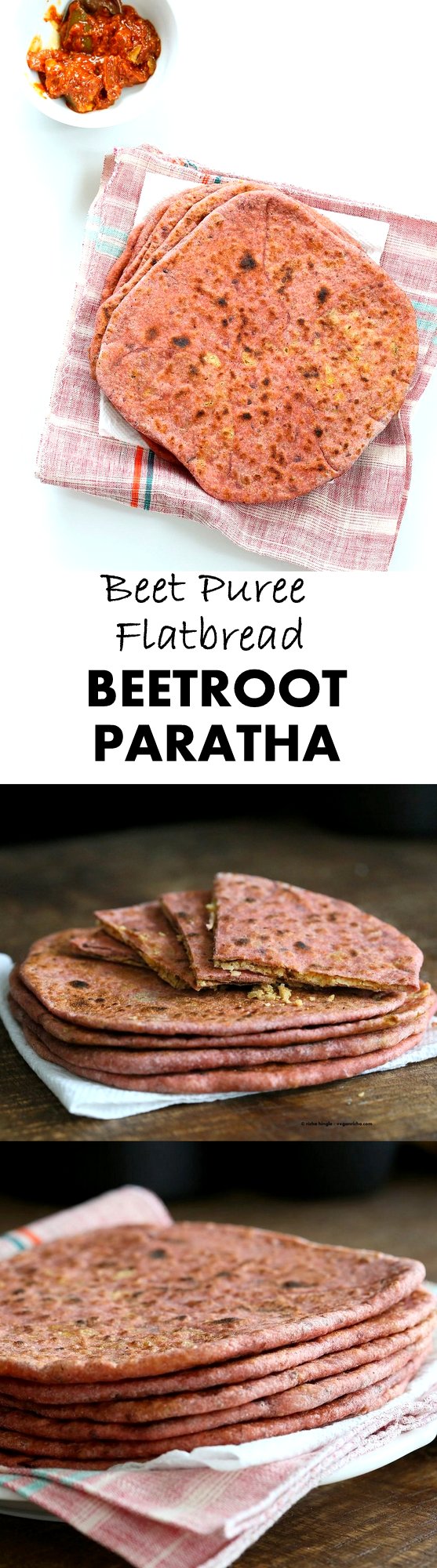 Beetroot Paratha - Beet Puree and Aquafaba flatbread Stuffed with Split Peas. Easy Pink flatbread stuffed with spiced split peas or chickpeas. #Vegan #Soyfree #Recipe | VeganRicha.com
