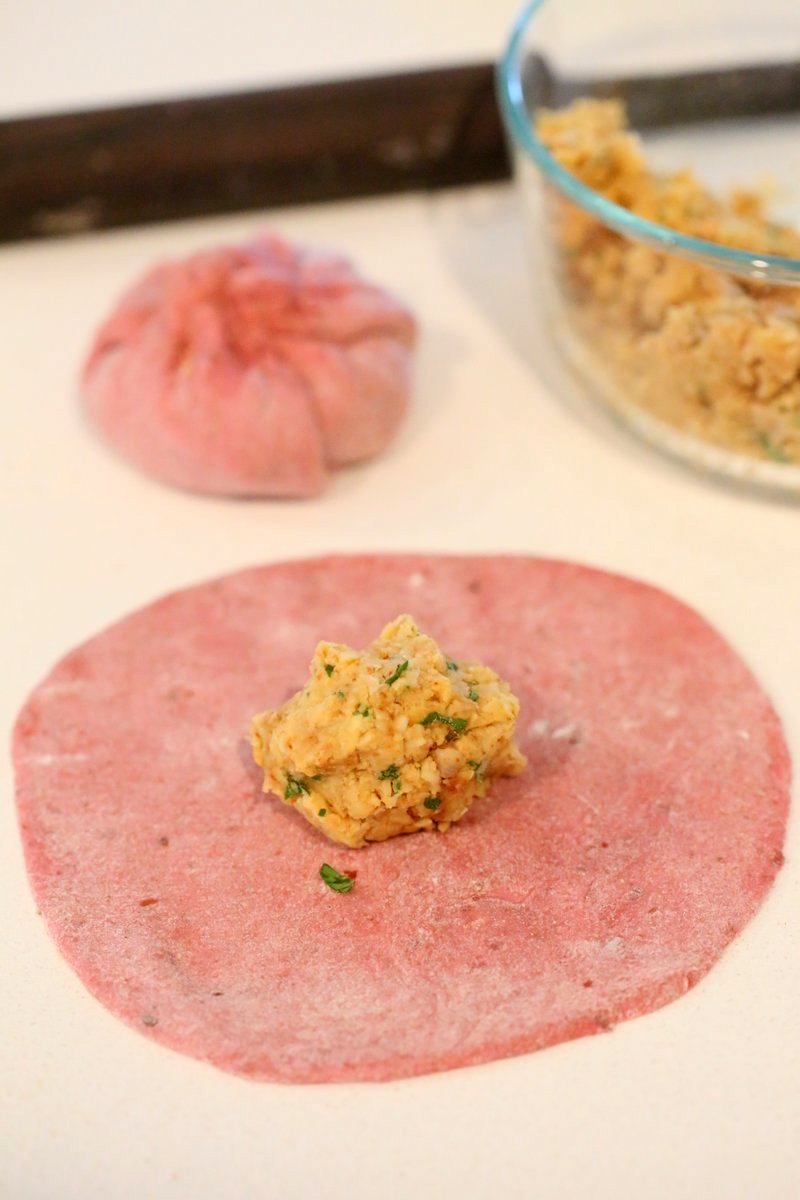 Beetroot Paratha - Beet flatbread Stuffed with Split Peas. Easy Pink flatbread stuffed with spiced split peas or chickpeas. Vegan Recipe. | VeganRicha.com