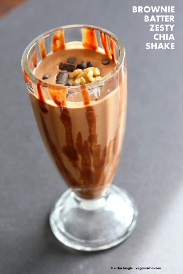 Brownie Batter Orange Chia Shake. Zesty Chocolate Chia Smoothie to start the day or to snack on this summer. Blend chocolate chips, non dairy milk, chia with or without zest, chill and serve. Vegan Glutenfree Soyfree Recipe. | VeganRicha.com #vegan #glutenfree #veganricha
