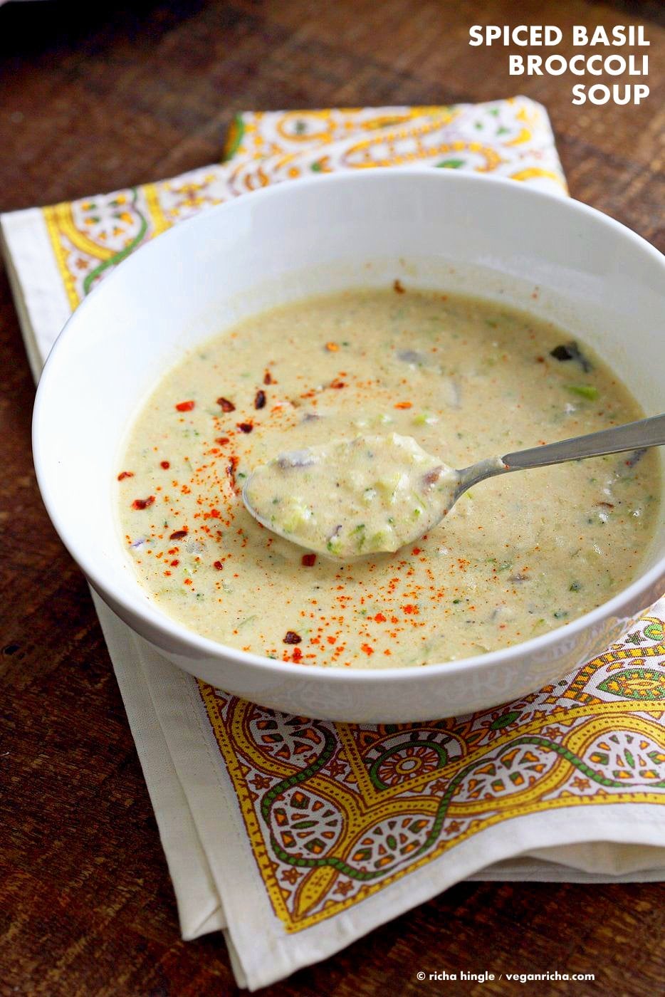 Easy Spiced Creamy Broccoli Soup. Shredded broccoli cooked with spices, basil and a creamy cashew sauce. Vegan Gluten-free Recipe. | VeganRicha.com
