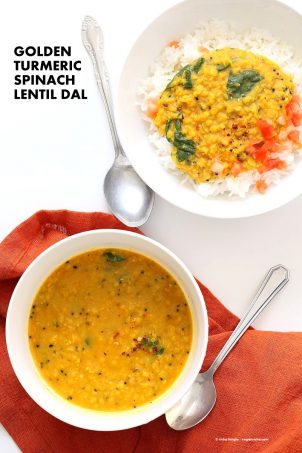 Turmeric Spinach Lentil Dal - Red Lentil Soup. Easy Lentil Soup with turmeric and greens. No garlic no onion Dhal. Golden Lentil Dal. Vegan Gluten-free Soy-free Recipe.| VeganRicha.com