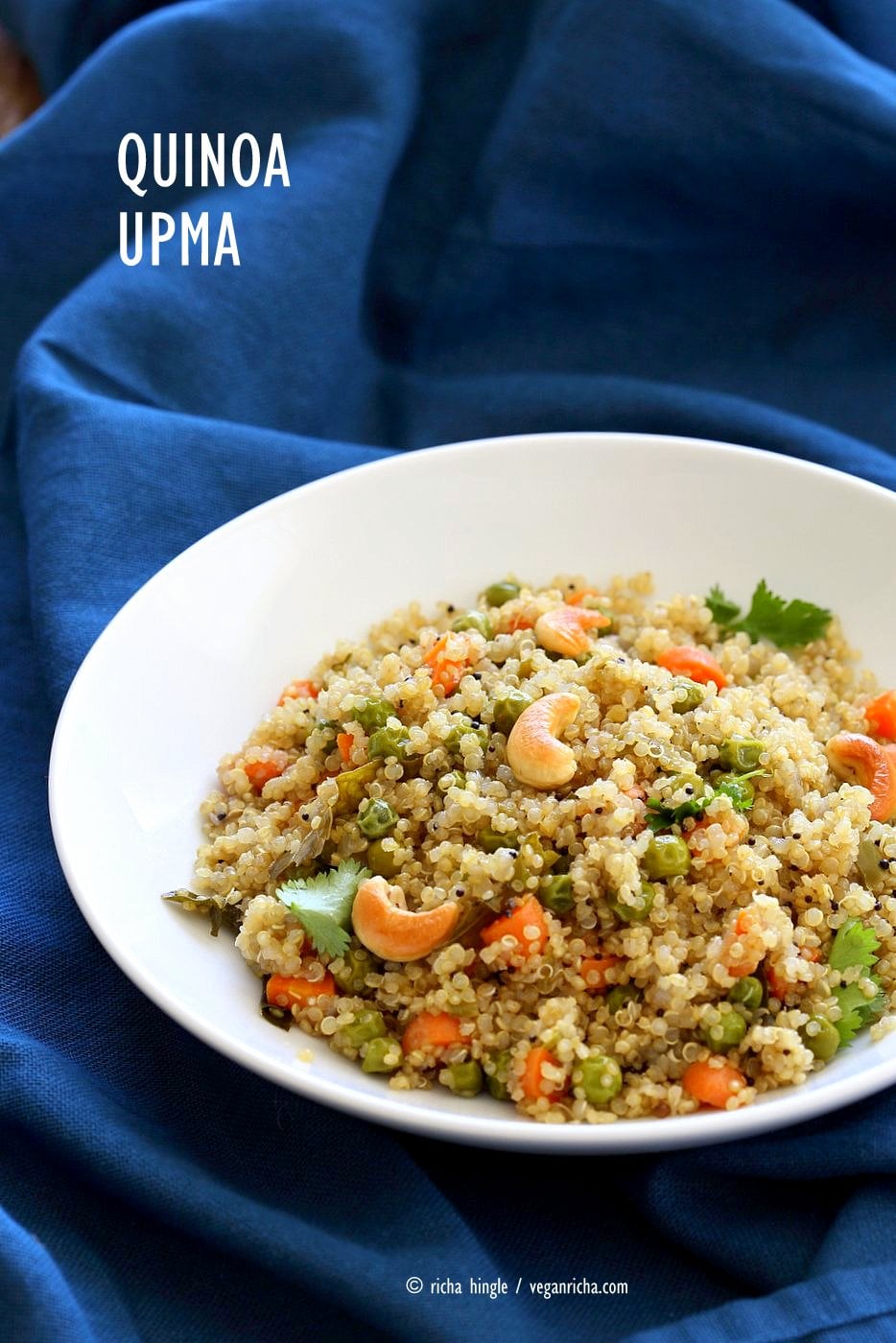 Quinoa Upma Recipe. Indian Savory Breakfast or Side with Quinoa with mustard seeds, toasted cashews, carrots and peas. Vegan Gluten-free Soy-free Recipe | VeganRicha.com