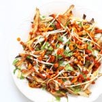 Baked Vietnamese fries. Baked Potato strips, loads of cilantro and basil, bean sprouts, nuts in sweet chile sauce, sriracha and vegan mayo! Banh mi Sandwich in fries form. Vegan Gluten-free Recipe. | VeganRicha.com #vegan #glutenfree #veganricha