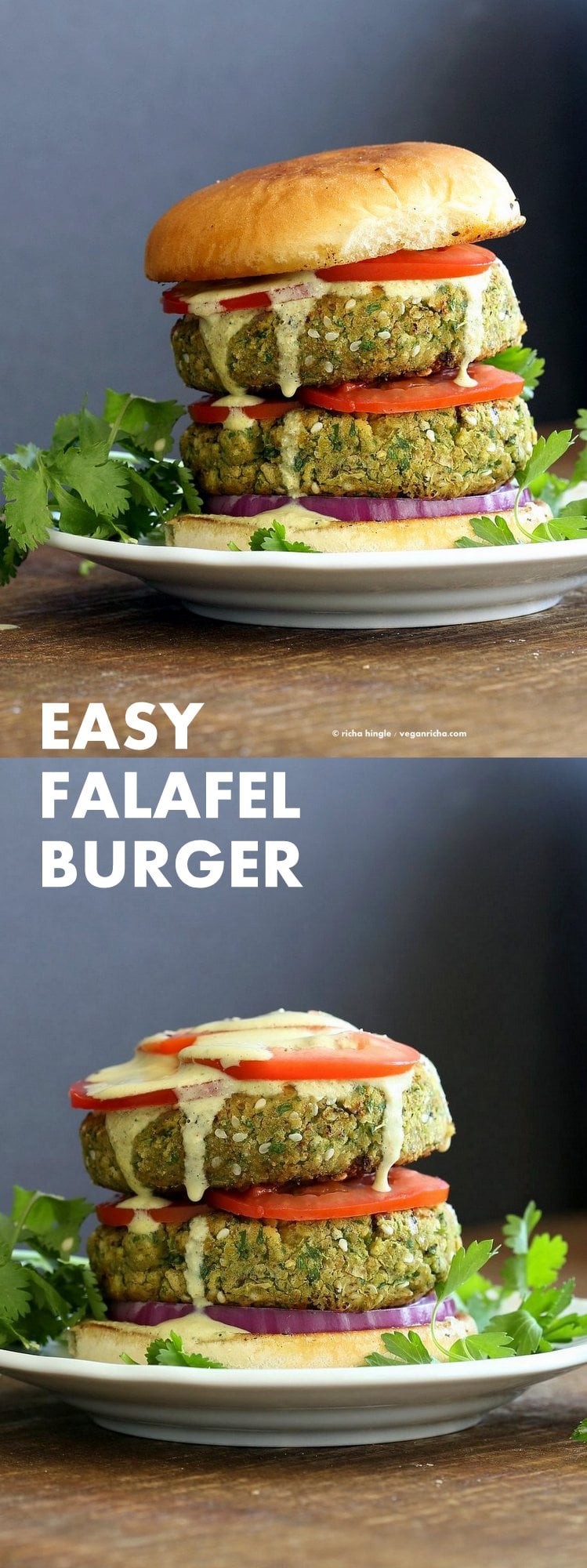 Easy Vegan Falafel Burger. Chickpea patties with 5 minute tahini dressing, tomatoes, onions, pickles make for a filling and flavorful burger. #Vegan #Soyfree #nutfree #Recipe. Can be made #glutenfree | VeganRicha.com