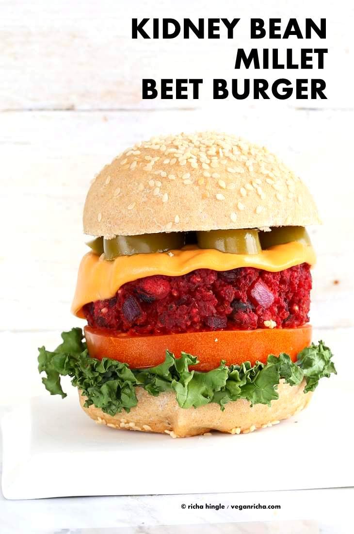Kidney Bean Millet Beet Burger. Veggie Burgers with Beet, beans and millet (or quinoa). Bake or pan fry and serve with vegan cheese and garnishes of choice. Vegan Burger patties. Soyfree, gluten-free patties. | VeganRicha.com