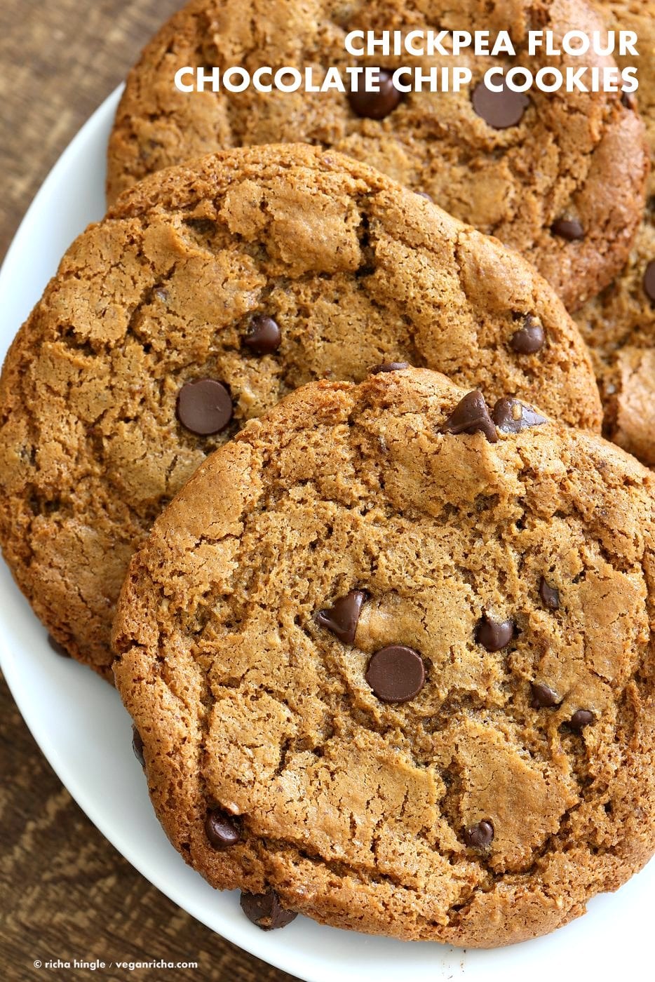 Chickpea Flour Chocolate Chip Cookies. Huge Chewy Cookies with Fiber and Protein. 3 gms of protein per cookie! These cookies need 1 Bowl, are grain-free, gluten-free vegan and can be made nut-free. | VeganRicha.com