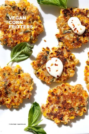 Basil Jalapeno Corn Fritters. Easy Gluten-free Vegan Corn Fritters with jalapeno, basil and black pepper. Serve with ketchup, vegan ranch or chutneys of choice. Soy-free Recipe. | VeganRicha.com #glutenfree #veganricha #vegan