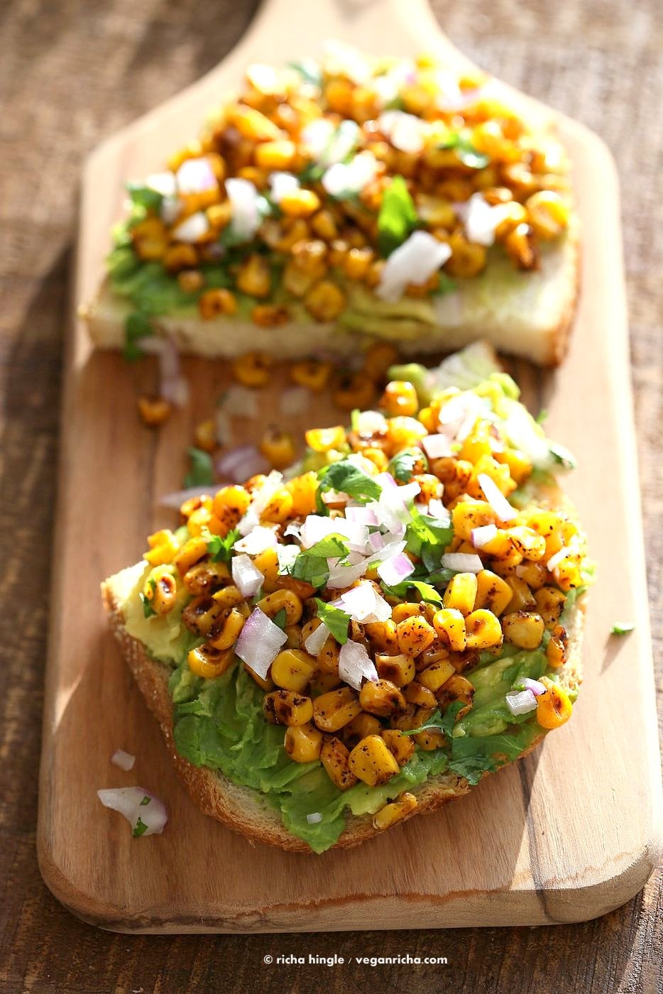 Chipotle Roasted Corn Avocado Toast. Summer corn roasted with chipotle and black pepper and layered over Avocado Toast. Vegan Avocado Recipe. | VeganRicha.com