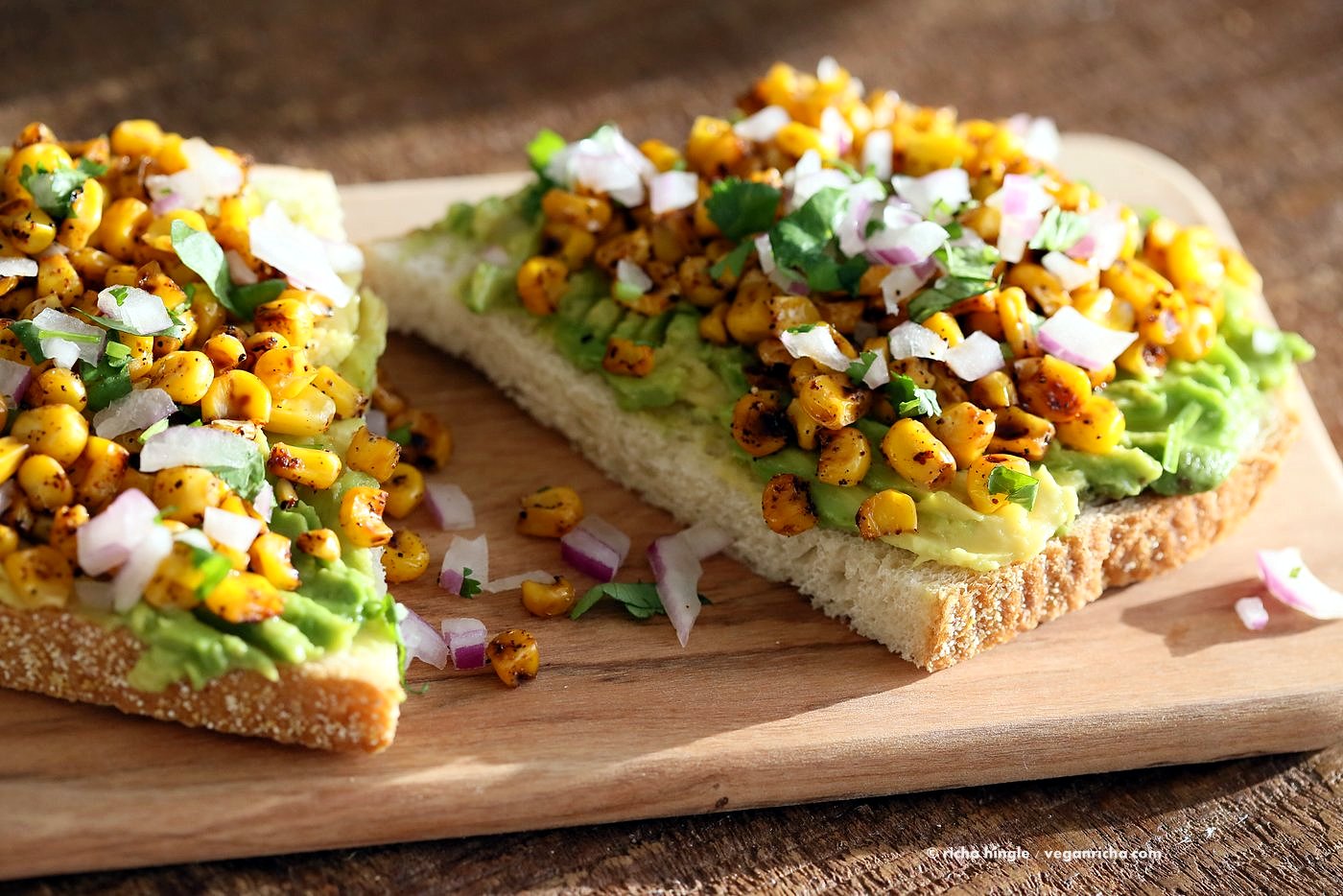 Chipotle Roasted Corn Avocado Toast. Summer corn roasted with chipotle and black pepper and layered over Avocado Toast. Vegan Avocado Recipe. | VeganRicha.com