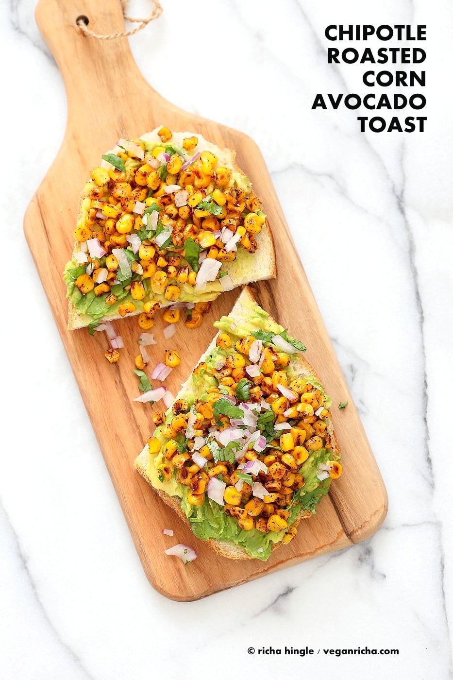 Chipotle Roasted Corn Avocado Toast. Summer corn roasted with Smoked parika, Chipotle and black pepper and layered over Avocado Toast. Vegan Avocado Recipe. | VeganRicha.com
