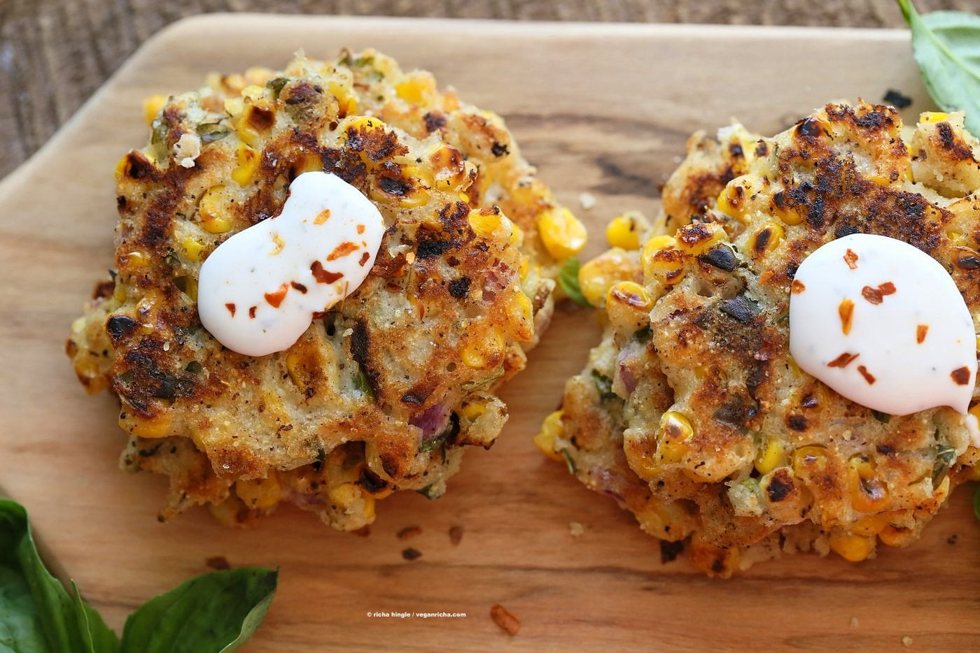 Basil Jalapeno Corn Fritters. Easy Gluten-free Vegan Corn Fritters with jalapeno, basil and black pepper. Serve with ketchup, vegan ranch or chutneys of choice. Soy-free Recipe. | VeganRicha.com