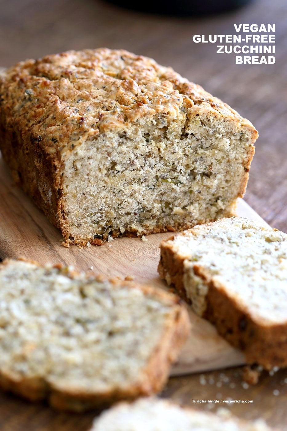 Vegan Gluten free Zucchini Bread Recipe. Moist, soft Zucchini Bread loaded with Oats, Chia seeds, Zucchini. Vegan Gluten-free gum-free Soy-free Recipe | VeganRicha.com