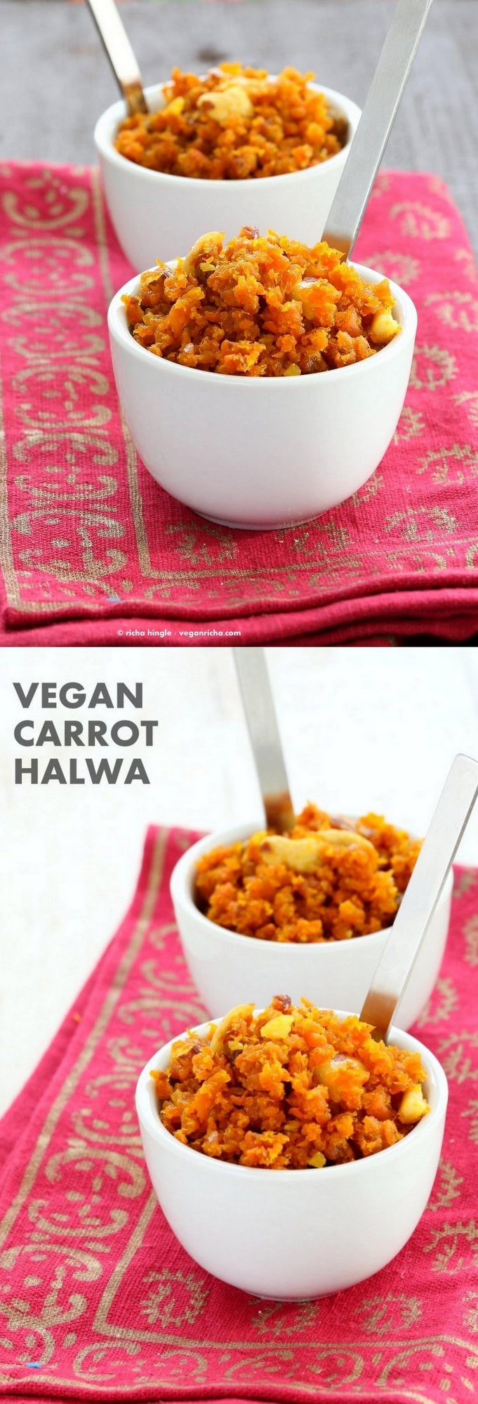 Vegan Carrot Halwa Recipe. Gajar Ka Halwa is a a dessert made with shredded carrots that are roasted with non dairy milk and cardamom to make a sweet melt in your mouth dessert. Gajar Halwa tastes like a moist cardamom Carrot Cake crumble. Vegan Gluten-free Soy-free Recipe | VeganRicha.com