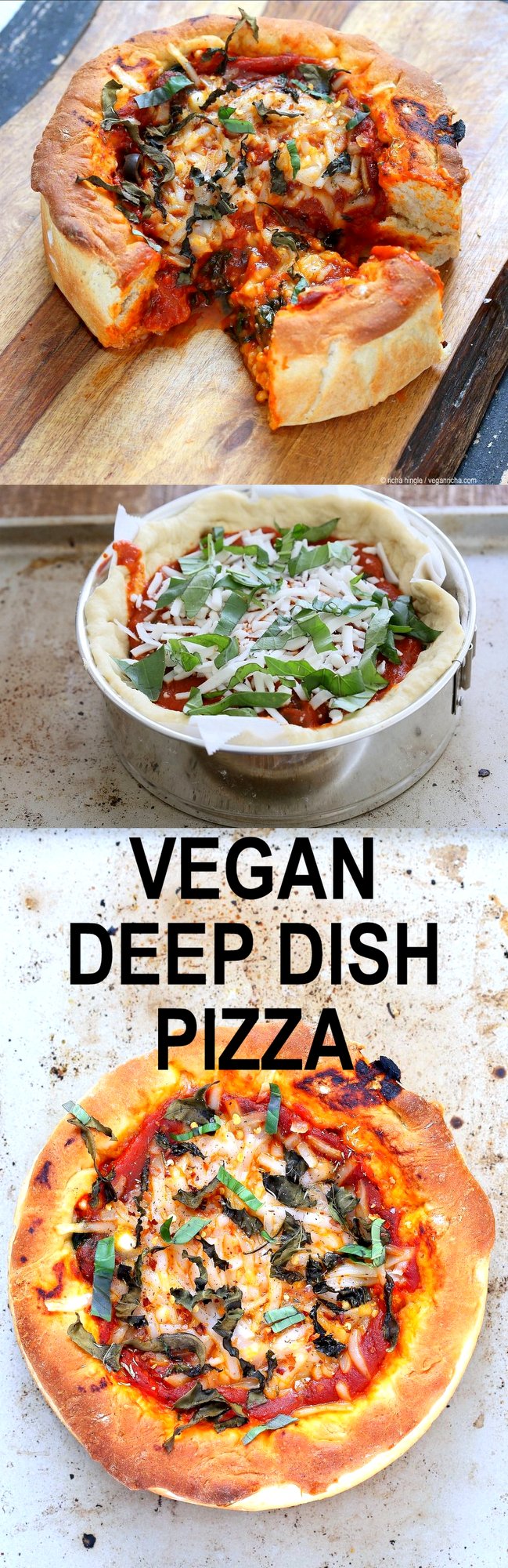 Vegan Deep Dish Pizza Recipe. Easy Deep Dish Pizza with from scratch crust, red pepper, spinach, vegan mozzarella and basil. Vegan Pizza Recipe with homemade 20 Minute Deep Dish Pizza Crust, almost no knead | VeganRicha.com