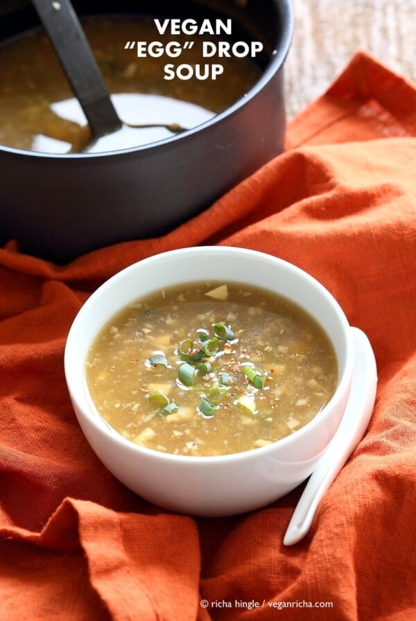 Vegan Egg Drop Soup. Egg-less Egg drop soup with Jackfruit and Tofu. Soothing Chinese "egg" drop soup. Vegan Gluten-free Recipe. | VeganRicha.com #vegan #glutenfree #veganricha