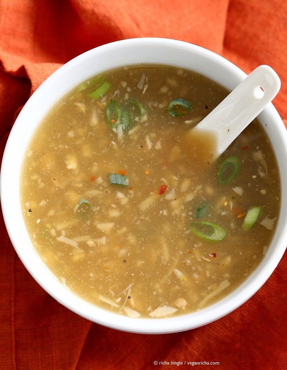 Vegan Egg Drop Soup. Egg-less Egg drop soup with Jackfruit and Tofu. Soothing Chinese "egg" drop soup. Vegan Gluten-free Recipe. | VeganRicha.com