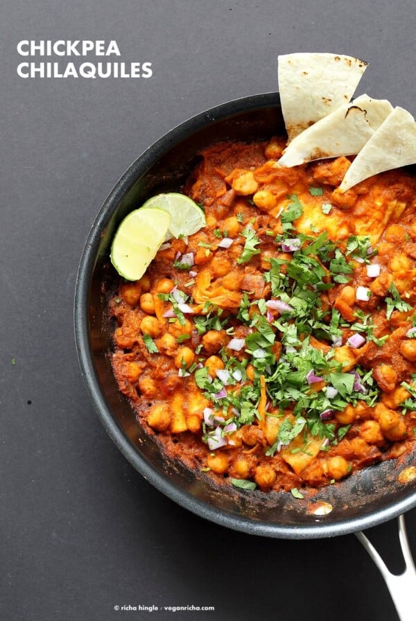 Vegan Chilaquiles with spiced Chickpeas. Spiced Chickpeas and crisped tortilla with easy red sauce. Easy Chilaquiles Recipe. Nut-free, soy-free. can be gluten-free.| VeganRicha.com #glutenfree #veganricha #vegan