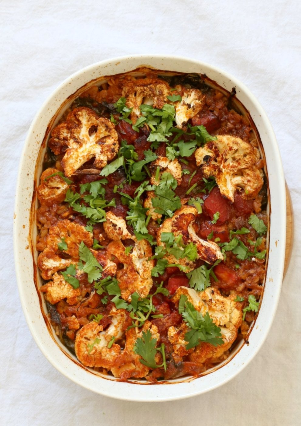 BBQ Lentil Farro Cauliflower Casserole. BBQ Casserole with Red Lentils, Farro, Veggies, Spinach, Cauliflower all layered and baked. Amazing Flavors! #Vegan #Glutenfree #Nutfree #Recipe. Can be soyfree #veganricha | VeganRicha.com