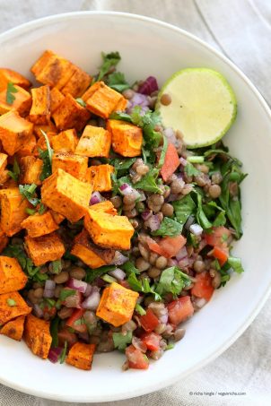 Curried Sweet Potato Lentil Salad. Simple Indian spices, roasted sweet potato, earthy lentils, lime juice and a refreshing lunch bowl. Vegan Gluten-free Soy-free Nut-free Recipe. Can be made oil-free. | VeganRicha.com