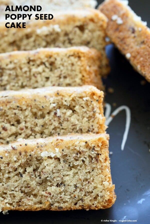Vegan Almond Poppy Seed Cake. Gluten free Cake. Spongy Moist Cake with no Gum. Use a Sponge Cake without poppy seeds. Vegan Gluten-free Oil-free Recipe. | VeganRicha.com #glutenfree #veganricha #vegan