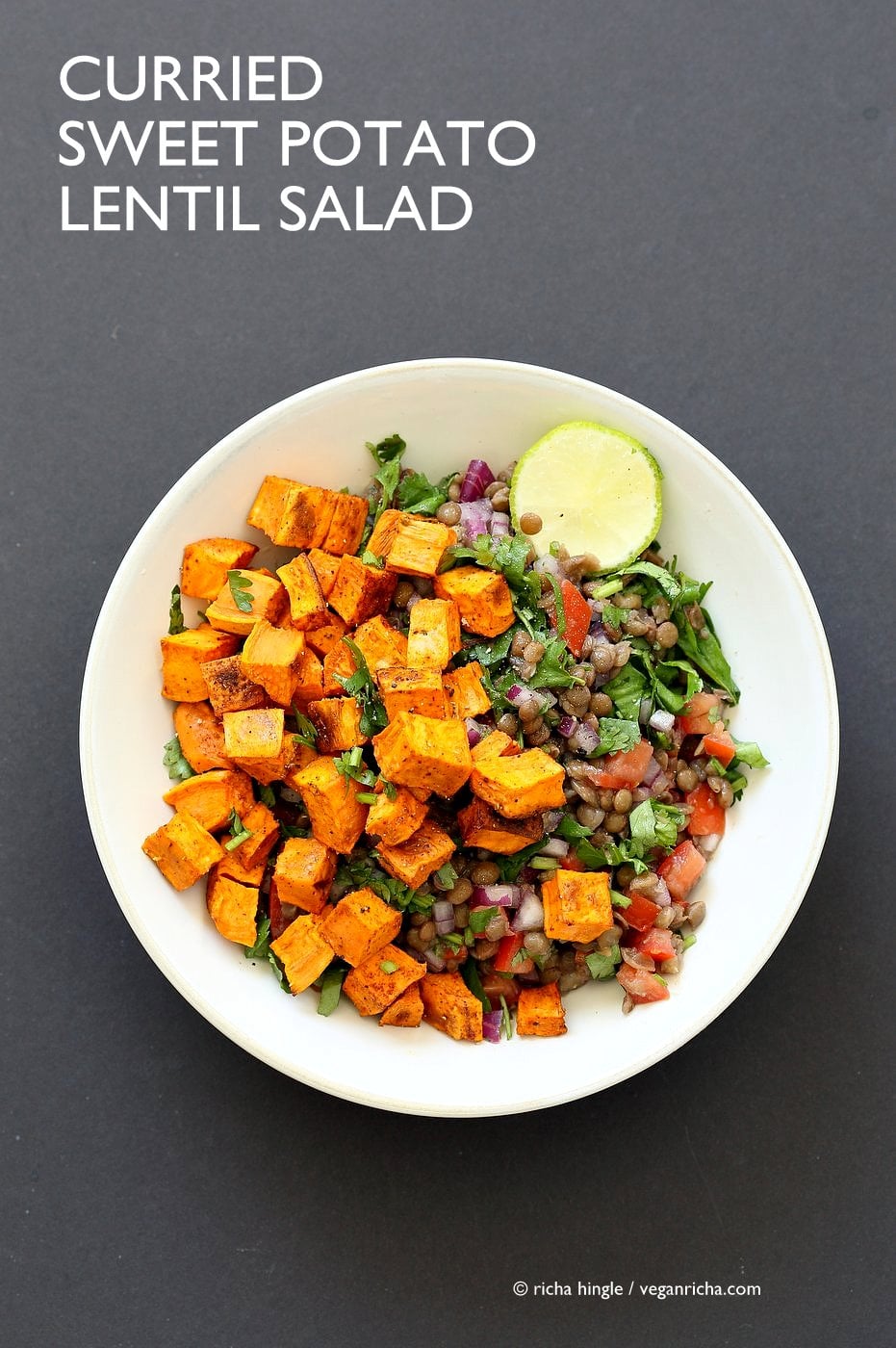 Curried Sweet Potato Lentil Salad. Simple Indian spices, roasted sweet potato, earthy lentils, lime juice and a refreshing lunch bowl. Vegan Gluten-free Soy-free Nut-free Recipe. Can be made oil-free. | VeganRicha.com