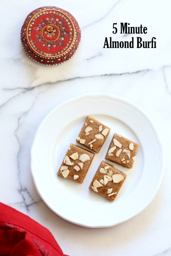 Badam Burfi - 5 min Almond fudge with Cardamom and Vegan Basundi - thickened milk with saffron and nuts. Basundi or Rabri with almond milk. Indian Vegan Sweets for Diwali. Vegan Dairy-free Gluten-free Soy-free Recipe. | VeganRicha.com #glutenfree #veganricha #vegan