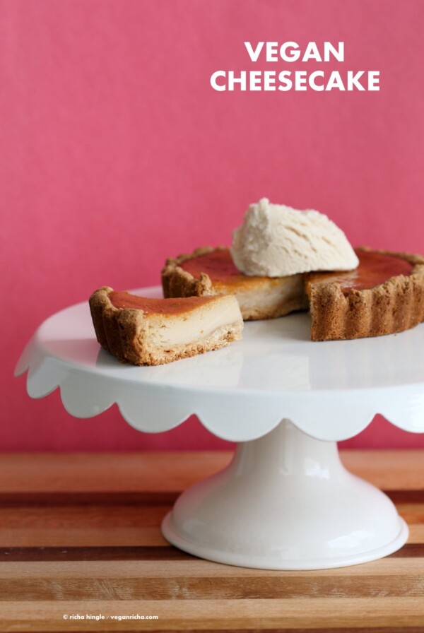 Easy Vegan Cheesecake for 2. Baked Vegan Cheesecake Recipe with Cashews and non dairy yogurt. Dairy-free Individual Cheesecake Tarts. Soy-free Gluten-free Recipe.  Pin this for later.  #vegan #glutenfree #veganricha