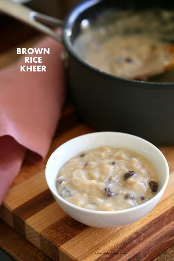 Brown Rice Kheer Recipe. Vegan Rice Pudding. Indian Kheer for Diwali festival. Brown Rice simmered in almond cashew milk with cardamom, roasted nuts and currants or raisins. Vegan Gluten-free Recipe. | VeganRicha.com #glutenfree #veganricha #vegan