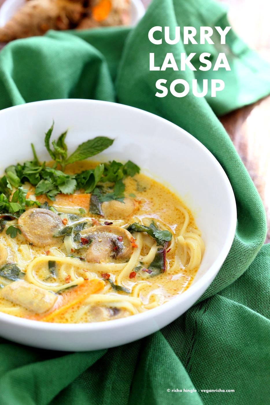 Vegan Laksa - Malaysian Curry Laksa Soup Recipe. Homemade Laksa paste with Fresh Turmeric Root. Warming, spicy, flavorful soup for fall and winter. Vegan Gluten-free Soy-free Recipe | VeganRicha.com