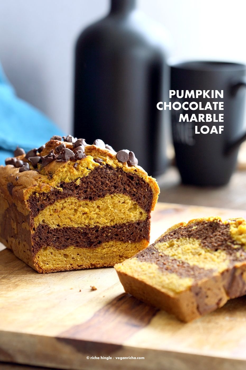 Easy Marbled Golden Pumpkin Chocolate Bread. Layers of Pumpkin Spice + Turmeric + Pumpkin puree, and Chocolate Cake. Vegan Soy-free Recipe | VeganRicha.com