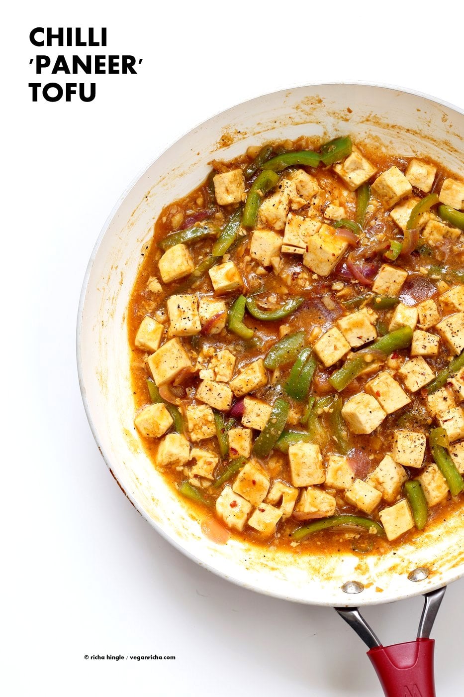 Chilli Tofu - Indian Chilli "Paneer" Recipe. Chilli Paneer is an Indo-chinese fusion stir fry served with other fusion noodles or fried rice. Crisp Tofu replaces the Paneer cheese in this delicious and quick version. Vegan Gluten-free Nut-free Recipe | VeganRicha.com