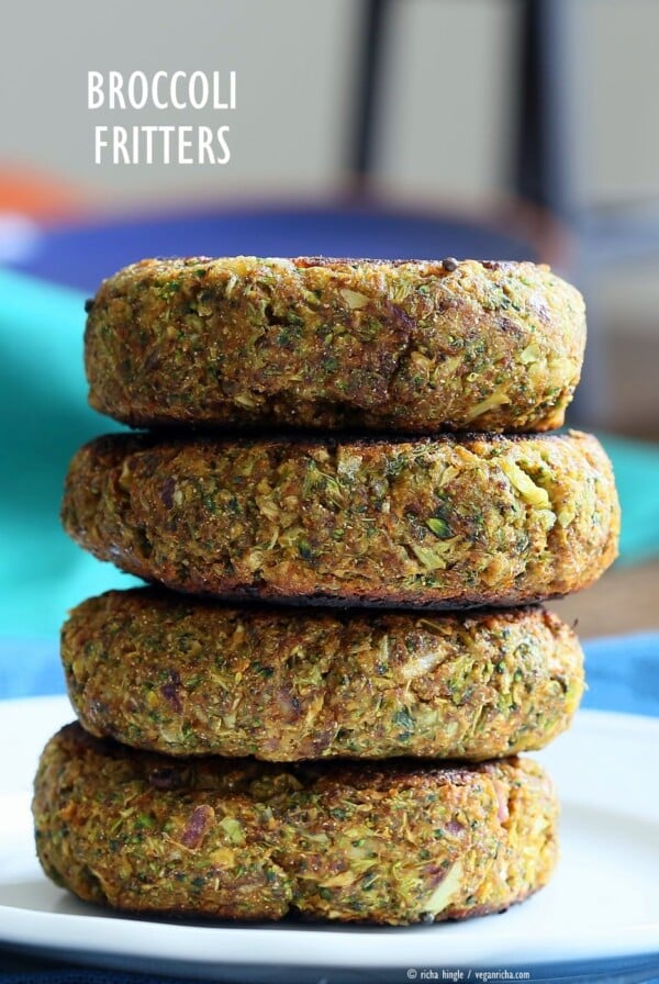 Smoky Spicy Broccoli Fritters with Chickpea flour and spices. Quick and Easy Snack or breakfast. Vegan Gluten-free Nut-free Soy-free Recipe | VeganRicha.com #glutenfree #veganricha #vegan
