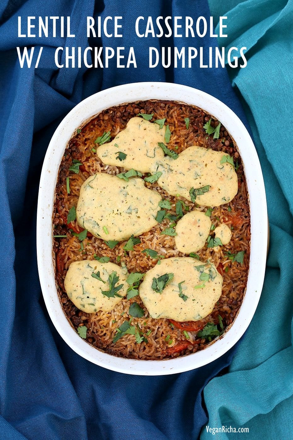 Lentil Rice Casserole with Indian spices baked with chickpea flour dumplings. Use veggies and lentils of choice. Vegan Gluten-free Soy-free Recipe. | VeganRicha.com