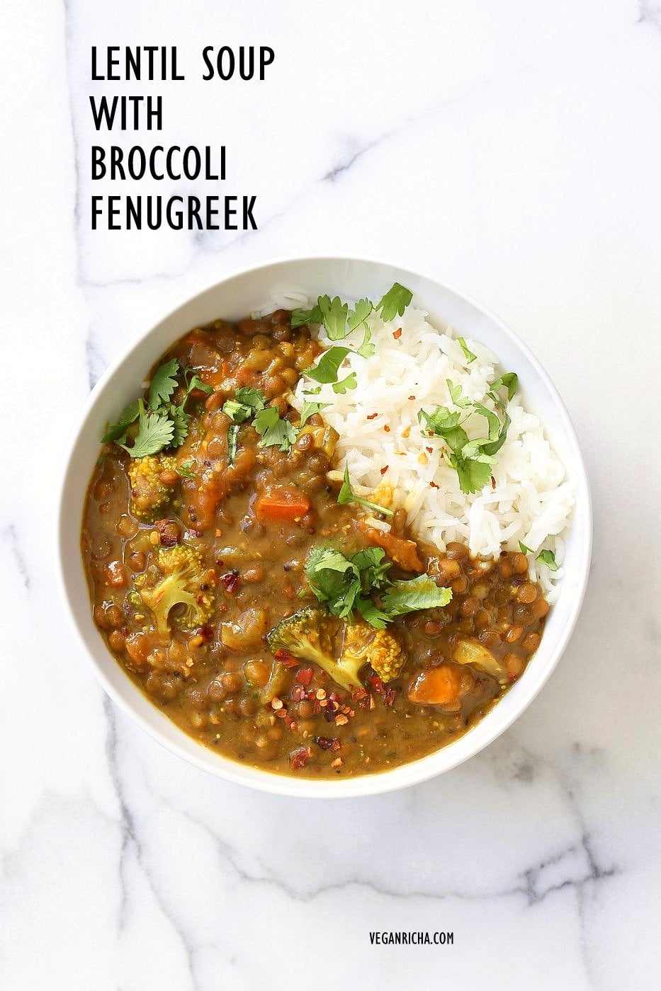 Brown Lentil Soup with Broccoli, Fenugreek seeds and black pepper. Warming Winter soup with veggies and fenugreek for healing and detox. Vegan Gluten-free Soy-free Dal Recipe | VeganRicha.com