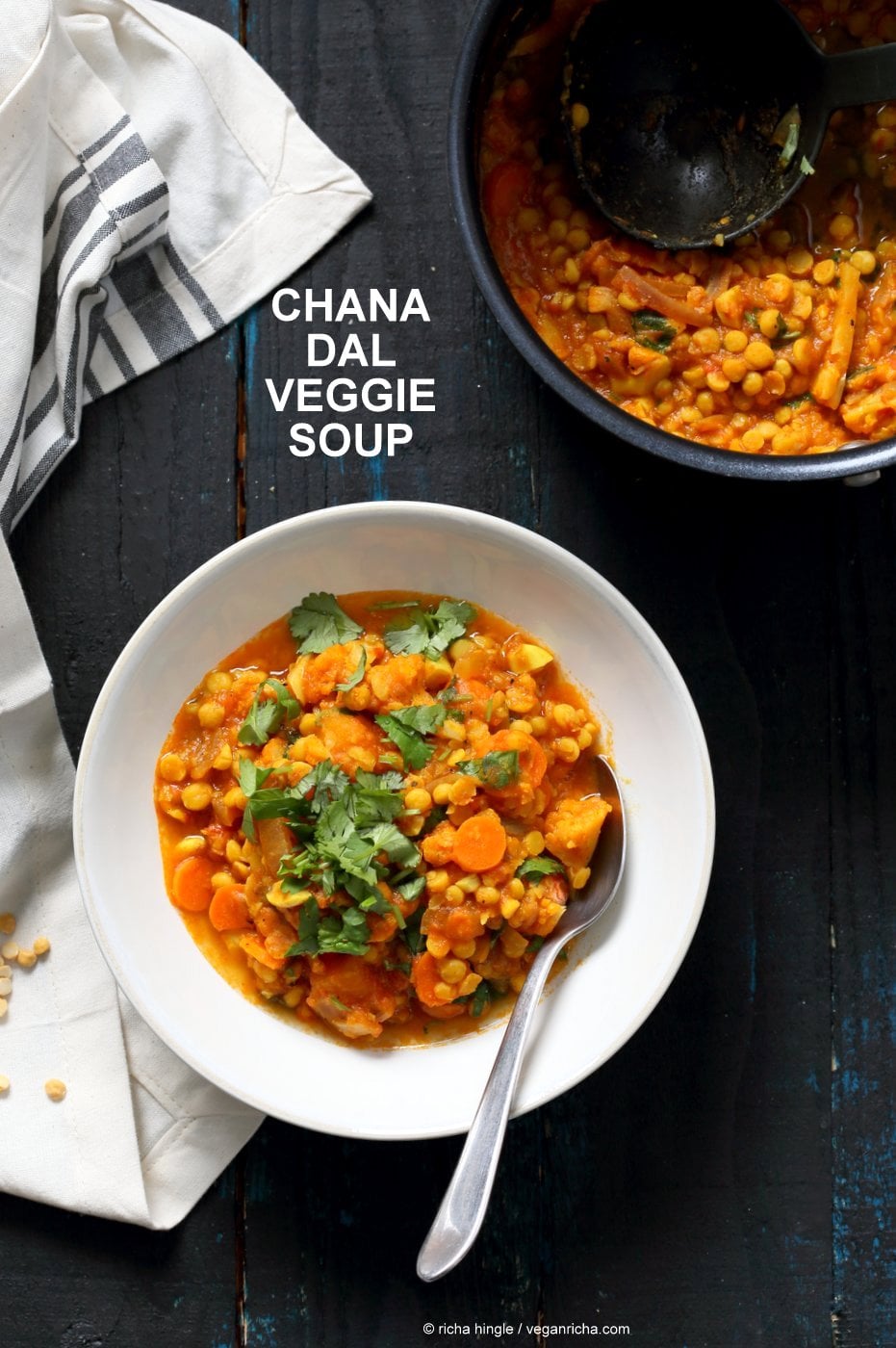 Chana Dal Veggie Soup. Easy Split Pea Soup with turmeric, spices, carrots, cauliflower, butternut squash. 1 Pot, ready within 45 minutes. Use split chickpeas (Chana Dal) or other split peas or lentils. Vegan Gluten-free Soy-free Recipe | VeganRicha.com