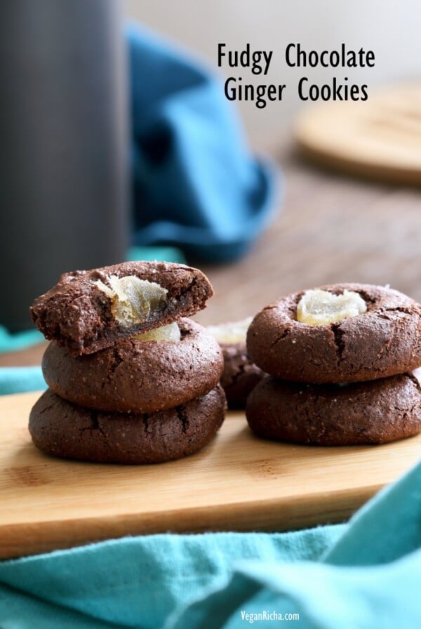 Fudgy Chocolate Cookies with Candied Ginger. Flourless Dark Chocolate Ginger Cookies. Vegan Gluten-free Paleo Refined oil-free Cookie Recipe | VeganRicha.com #glutenfree #veganricha #vegan