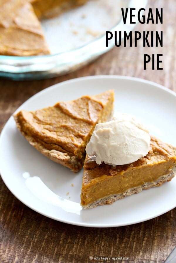 Easy Vegan Pumpkin Pie with a few ingredients and a rustic crust. Can be made gluten-free. Serve with whipped coconut cream or vanilla ice cream. | VeganRicha,com #glutenfree #veganricha #vegan