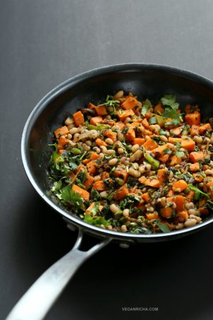 Bring in the new year with this plentiful Black eyed pea and Sweet Potato Hash with Harissa Spice. Ready in 20 minutes. Serve over toast with a creamy dressing or avocado. Vegan Gluten-free Soy-free Recipe