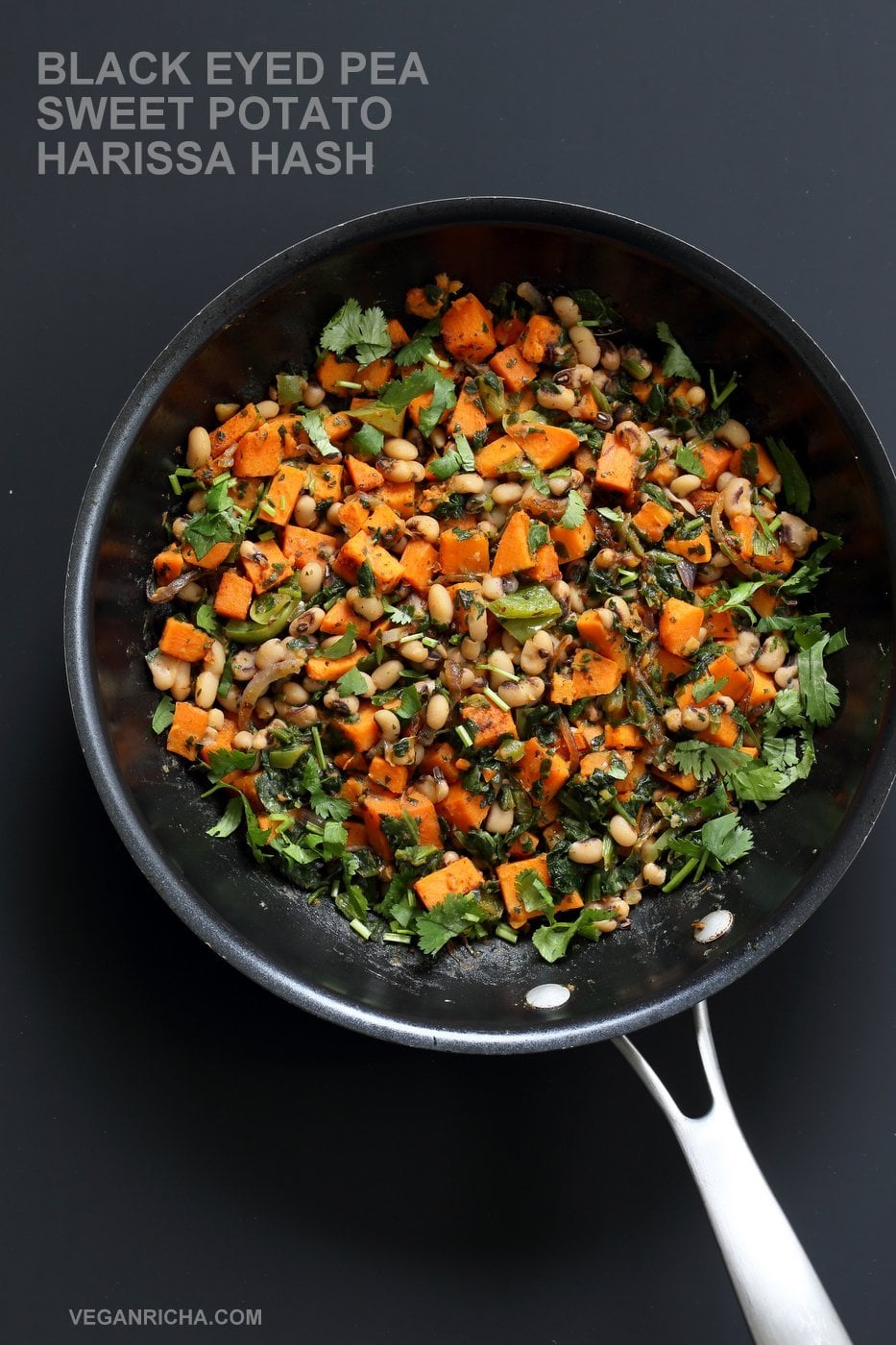 Bring in the new year with this plentiful Black eyed pea and Sweet Potato Hash with Harissa Spice. Ready in 20 minutes. Serve over toast with a creamy dressing or avocado. Vegan Gluten-free Soy-free Recipe