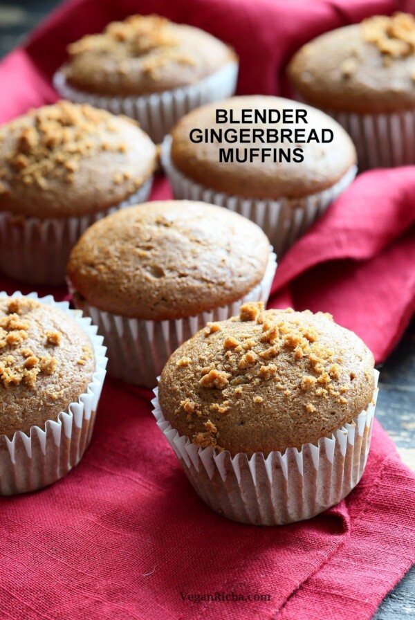 Soft Moist Triple Ginger Gingerbread Muffins with candied, fresh and ground ginger and gingerbread spices. This muffin batter can be made in a blender! Vegan Nut-free Soy-free Recipe | VeganRicha.com
