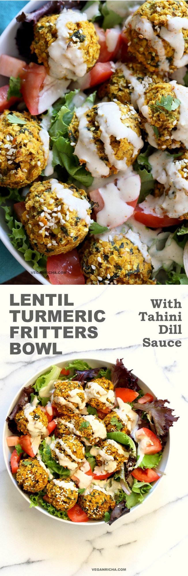 Turmeric Lentil Fritters Tomato Greens Bowl with Tahini Dill Sauce. Baked Seedy Golden Lentil fritters with greens, tomatoes and a tahini sauce make an easy Lunch bowl. #Vegan #Nutfree #Soyfree #Recipe. Easily #Glutenfree #veganricha | VeganRicha.com