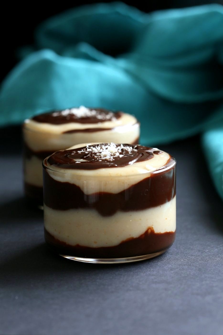 Boston Cream Pie Pudding Parfaits. Creamy Almond flavored pudding layered with smooth chocolate. Serve as pudding cups or add other layers of vanilla wafers or vanilla sponge cake to make Parfaits. Vegan Soy-free Recipe. Can be made nut-free. | VeganRicha.com