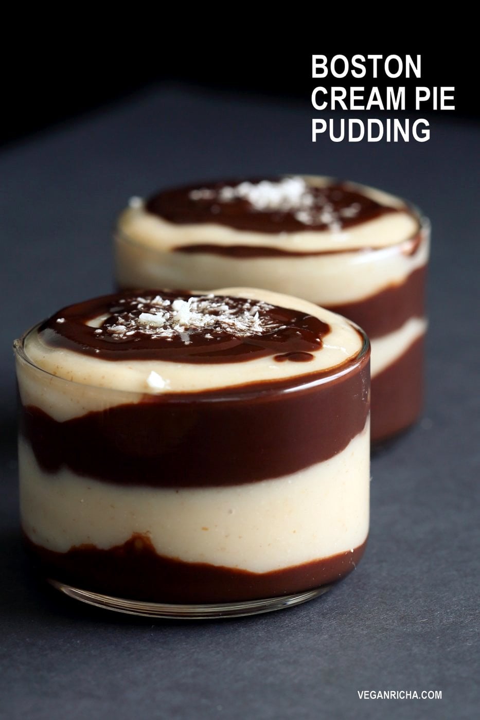 Vegan Boston Cream Pie Pudding Parfaits. Creamy Almond flavored pudding layered with smooth chocolate. Serve as pudding cups or add other layers of vanilla wafers or vanilla sponge cake to make Parfaits. Vegan Soy-free Recipe. Can be made nut-free. | VeganRicha.com