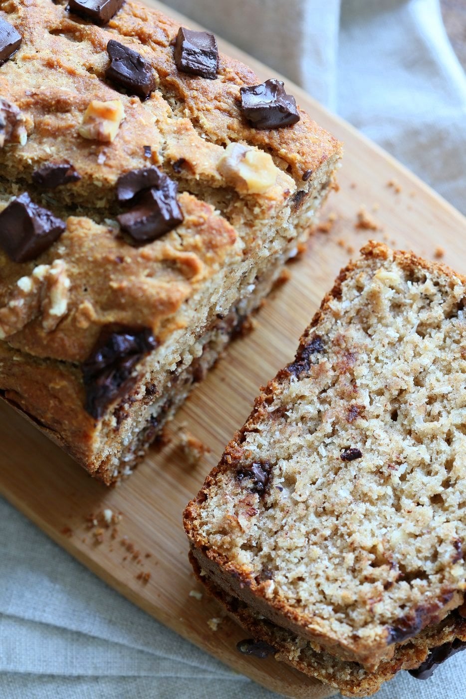 Vegan Banana Bread with Walnuts. Classic super moist Banana bread with toasted nuts and coconut. No Palm oil. #Vegan #Recipe #veganricha | VeganRicha.com.
