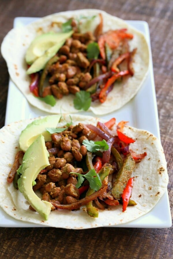 Veggie Pinto Bean Fajita Tacos with Cilantro Chile Marinade. Amazing Fajita Marinade for veggies and Beans. Vegan Gluten-free Soy-free Vegetarian Fajita Recipe | VeganRicha.com