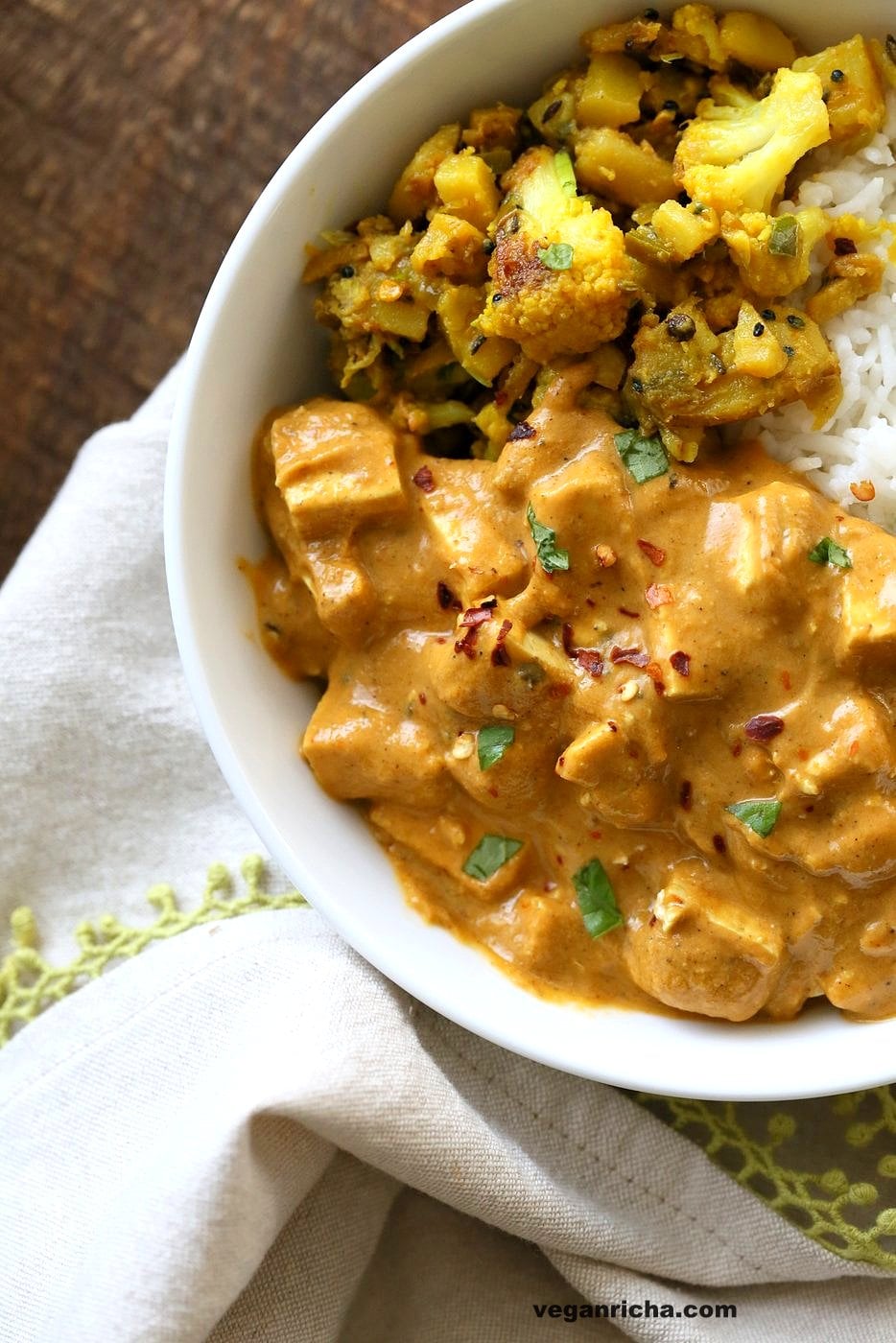 Tofu Matar Masala - Tofu Peas in Blender Masala Sauce. Curried Tofu and peas with a roasted cumin tempering. Vegan Matar Paneer. Gluten-free Recipe. Use chickpeas or veggies to make soy-free #vegan #veganricha #recipe | VeganRicha.com
