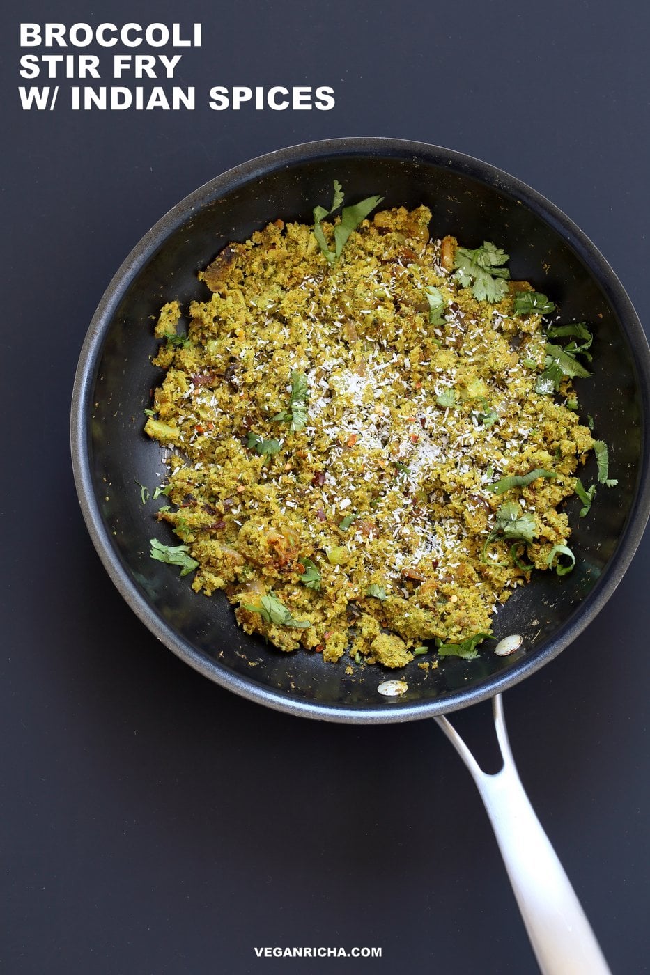 Broccoli Stir fry with Indian Spices - Broccoli Sabji with mustard seeds, coriander, fenugreek, turmeric and cinnamon. 1 pot, 20 mins.Vegan Gluten-free Soy-free Broccoli Recipe. Serve as a side, or with dal, or fill up a taco or wrap.