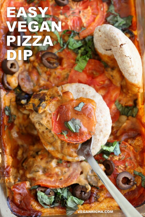 Vegan Pizza Dip. Easy Pizza Dip with sauteed mushrooms, olives, pizza sauce and from scratch vegan mozzarella cream sauce. Gluten-free Recipe. Can be soy-free. | VeganRicha.com