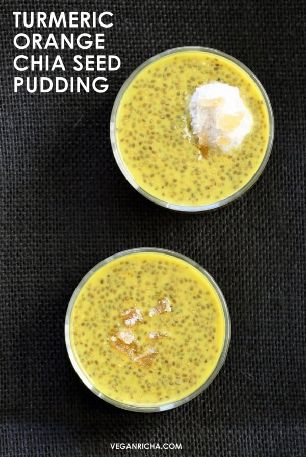Golden Milk Chia Pudding. Turmeric Milk, spices and orange in this chia pudding makes an amazing breakfast. Vegan Gluten-free Nut-free Soy-free Recipe #veganricha | VeganRicha.com
