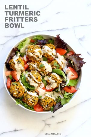 Turmeric Lentil Fritters Tomato Greens Bowl with Tahini Dill Sauce. Baked Seedy Golden Lentil fritters with greens, tomatoes and a tahini sauce make an easy Lunch bowl. Vegan Nut-free Soy-free Recipe. Easily Glutenfree | VeganRicha.com